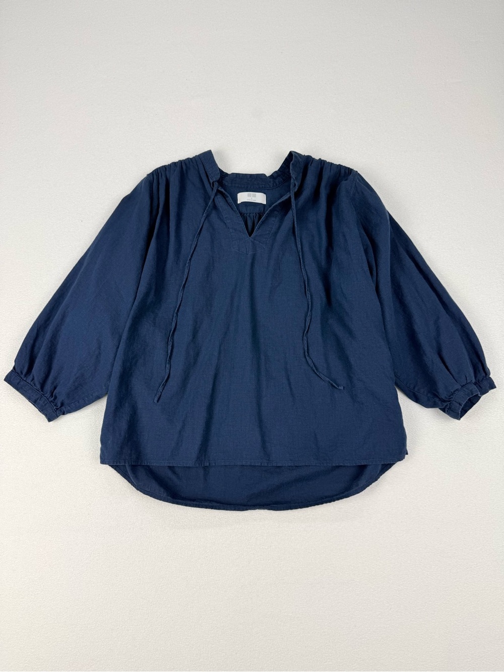 Uniqlo Linen Blend Navy Peasant Blouse Small 3/4 Sleeve Boho Lightweight Top